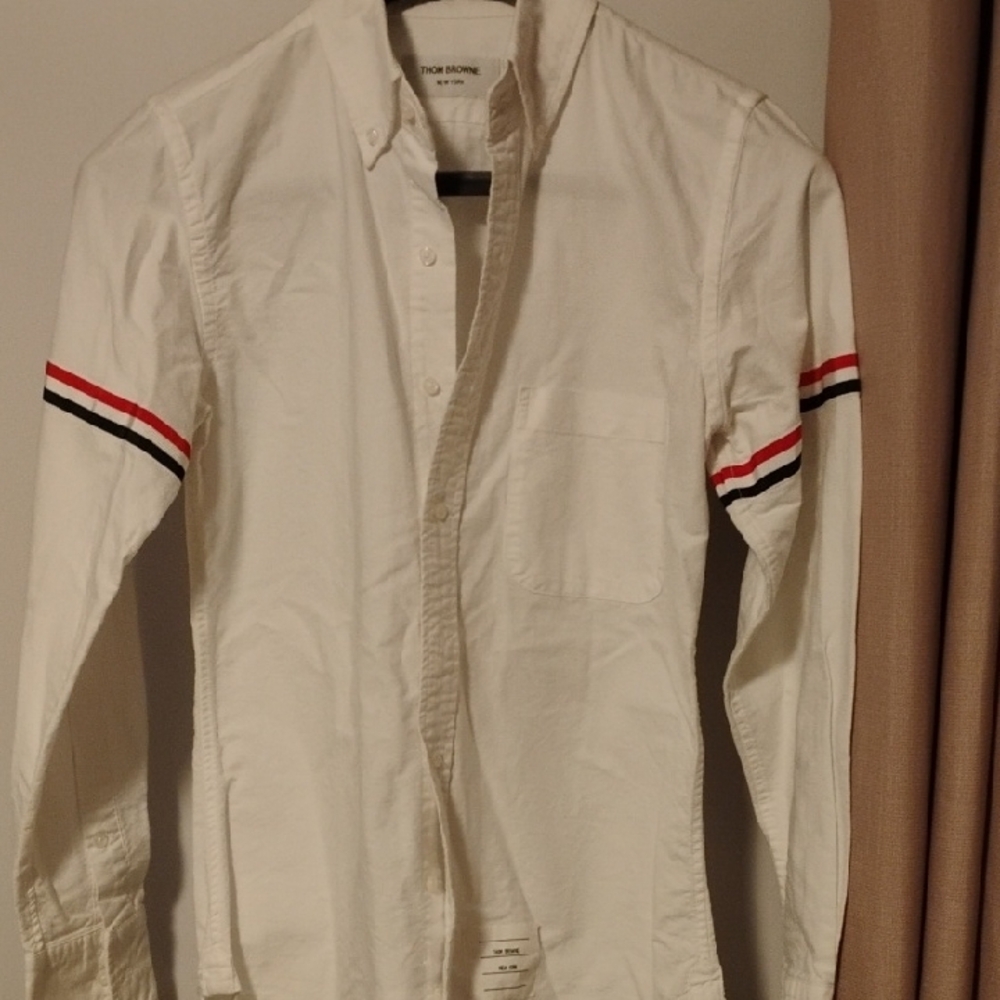 Thom Browne White and Red Dress Shirt with Striped Sleeves